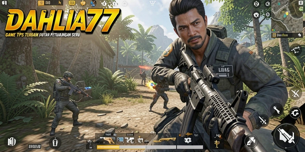 Tangkapan layar utama DAHLIA77 menampilkan aksi gameplay TPS yang mendebarkan.