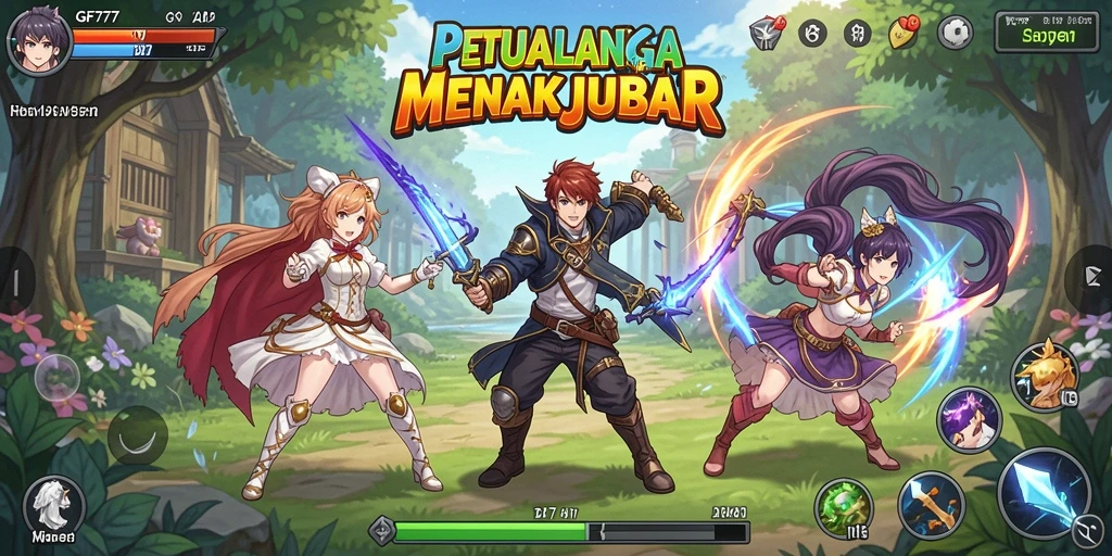 Gameplay GF777 yang menampilkan karakter anime beraksi.